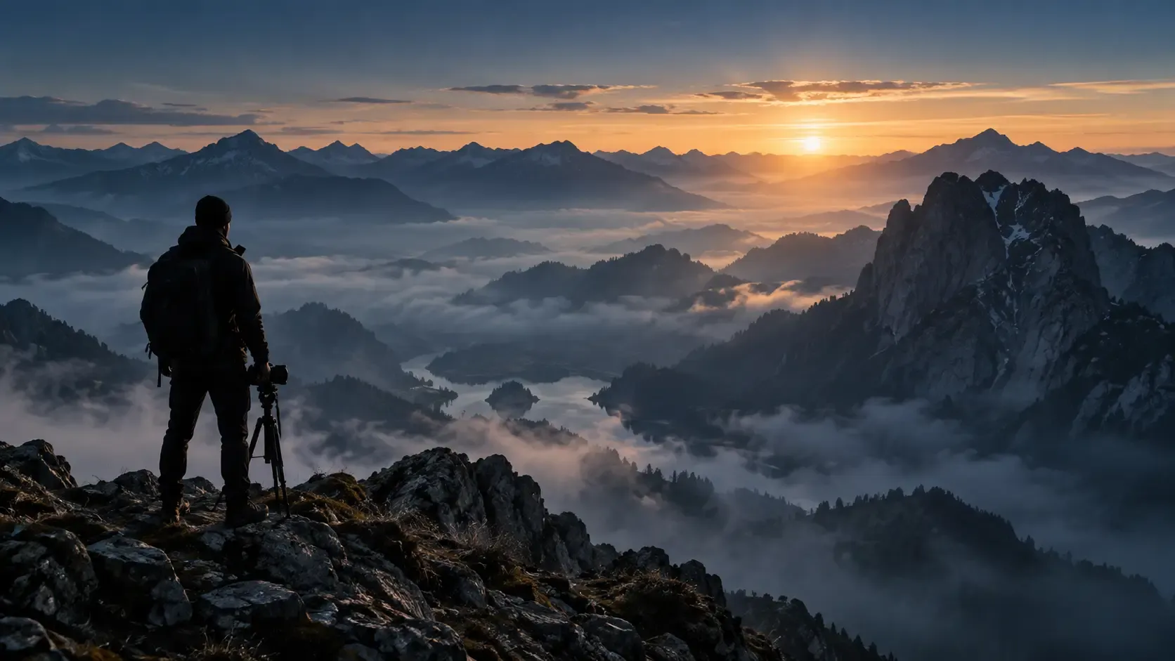 A solitary filmmaker scouting a misty mountain landscape