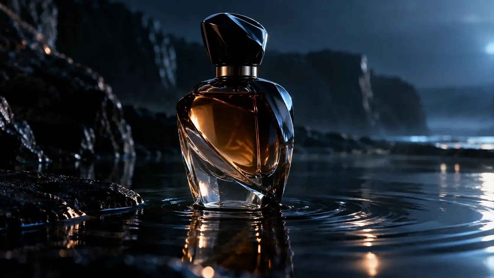 Unbranded luxury product in dramatic light above dark water